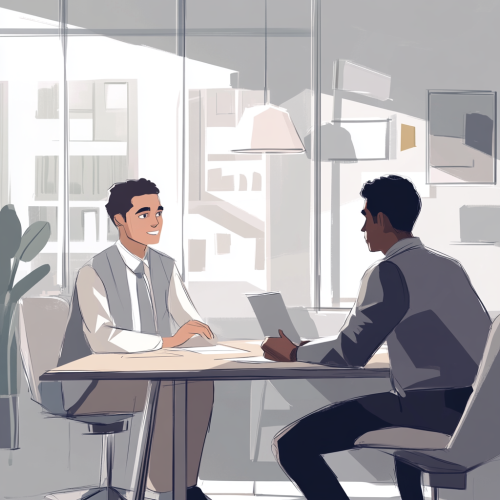 Mentor giving feedback to young professional in office