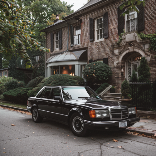 Mercedes E200 in front of mansion, Nikon DX lens.