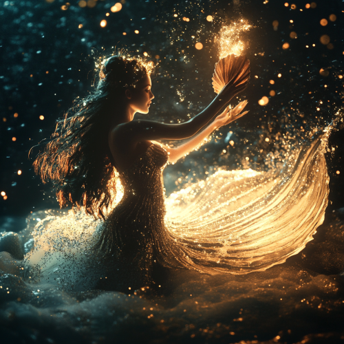 Mermaid casting spell with glowing shell in seafloor