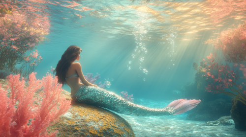 Mermaid near coral reef undersea in soft light.