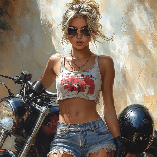 Messy bun girl in chic outfit near motorcycle.