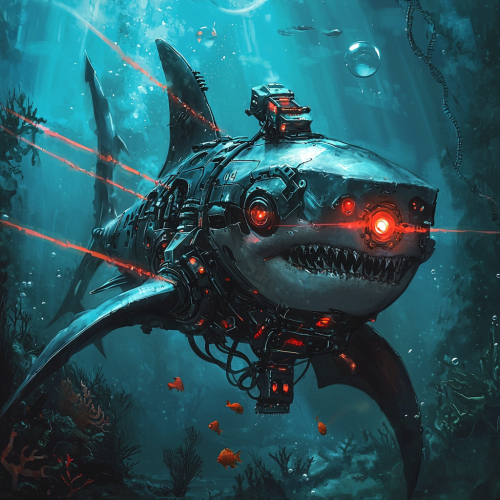 Metallic robot shark in glowing underwater ocean scene