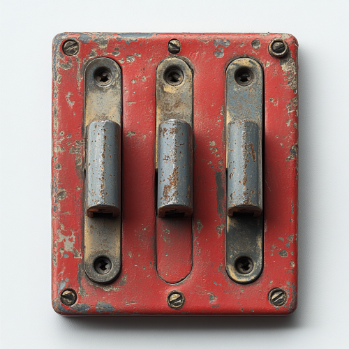 Metallic switch with red base, three metal prongs, viewed from above.