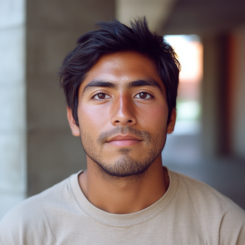 Mexican-Portuguese-American man, oblong face, dark features, t-shirt, film.