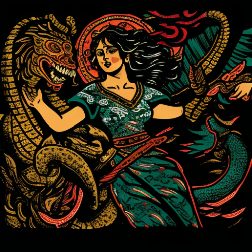 Mexican heroines in magical armor fighting serpent at night.