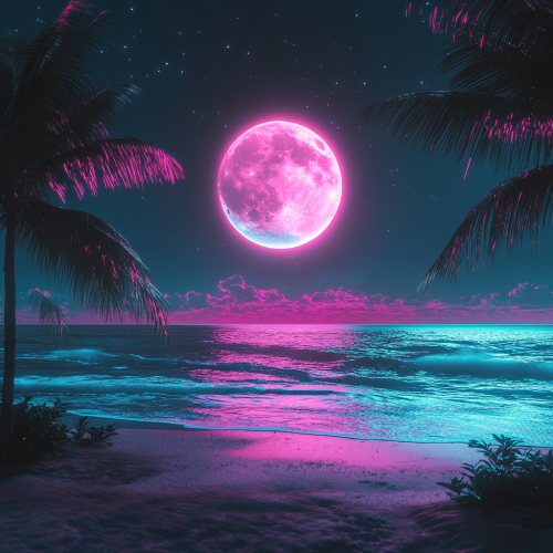 Miami Beach Night: Moonlit Ocean, Palm Trees