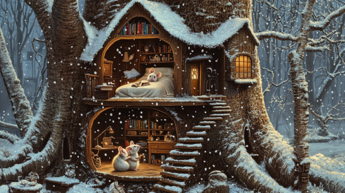 Mice Home in Tree with Snowy Outside