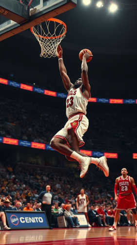 Michael Jordan dunks on LeBron James in basketball. Michael Jordan Dunks on LeBron James