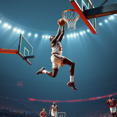 Michael Jordan dunks over LeBron James in basketball.