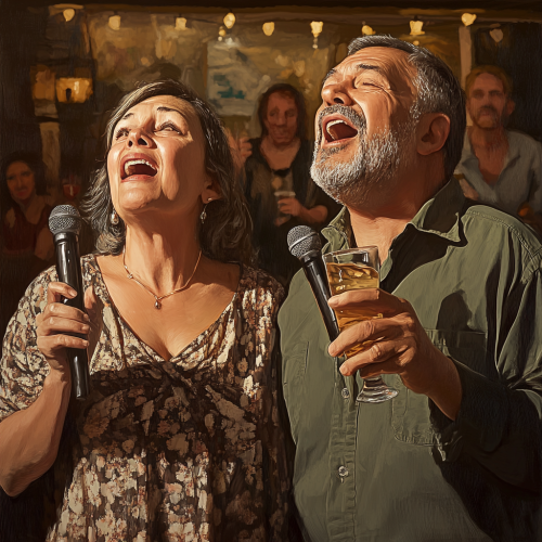 Middle aged man and woman singing at karaoke event.