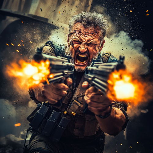 Middle-aged man with machine guns screaming and shooting. Middle-aged man with machine guns screaming and shooting.