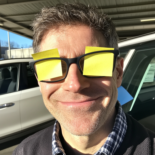 Middle aged man with post-it notes selfie 