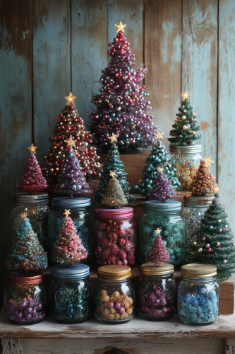 Mini Christmas Trees in Mason Jars