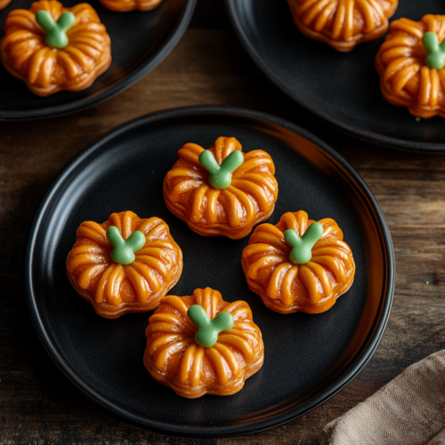 Mini pumpkin treats on dark plates with candy stems