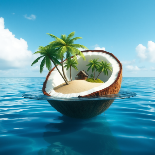 Miniature Island Inside Coconut Floating in Sea Miniature Island Inside Coconut Floating in Sea
