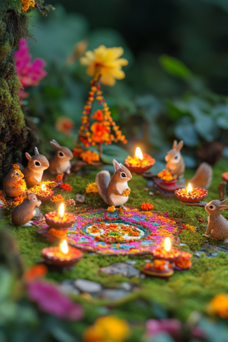 Miniature forest animals celebrating Diwali with decorations