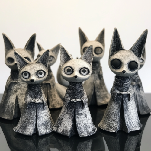 Miniature fox characters with eerie expressions in hatching style