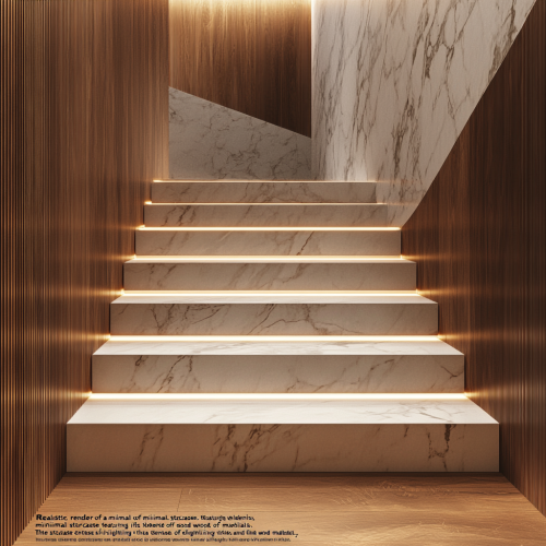 Minimal staircase with elegant marble and warm wood textures.