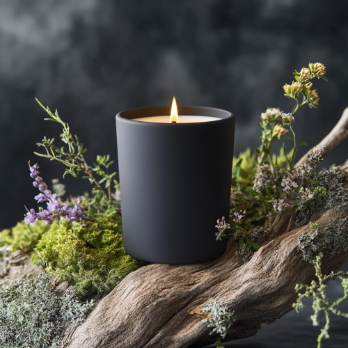 Minimalist, eco-luxury candle on driftwood with moss.