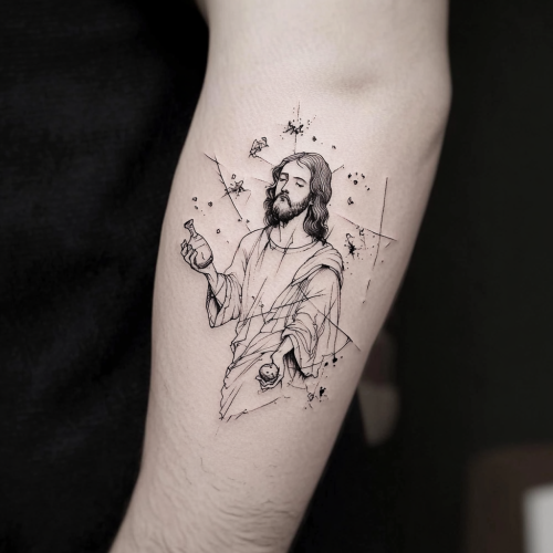 Minimalist Mark 14:3 Scene Tattoo with Jesus 