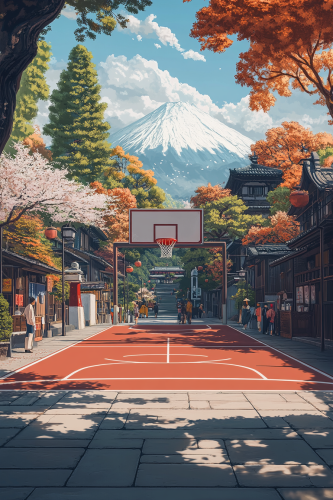 Minimalist basketball court with Japanese culture, cherry blossoms, temples.