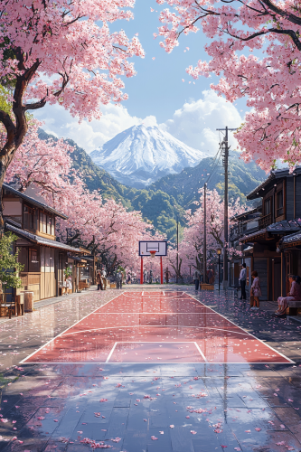 Minimalist basketball court with Japanese flag colors, cherry blossoms. Minimalist basketball court with Japanese flag colors, cherry blossoms.