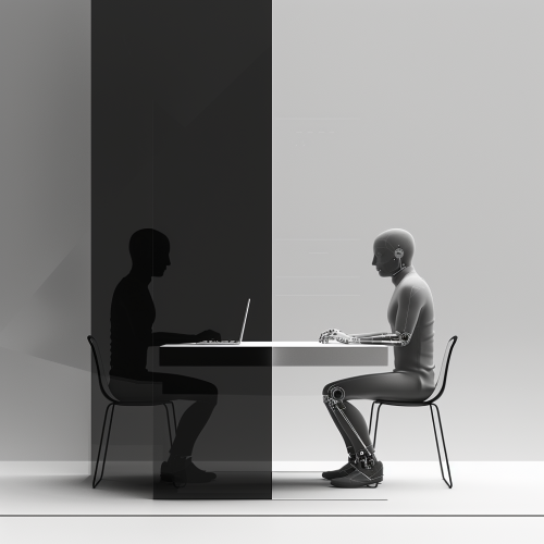 Minimalist black and white workspace with human and AI collaboration Minimalist black and white workspace with human and AI collaboration