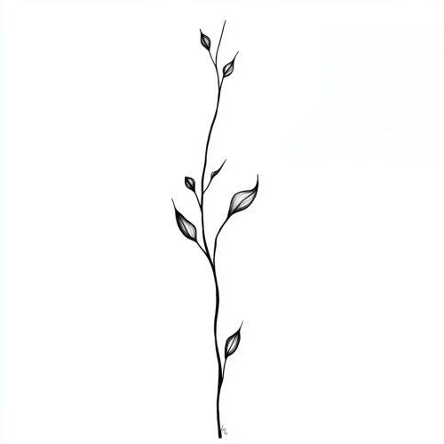 Minimalist black branch with flower buds tattoo sketch.