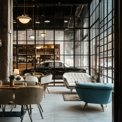 Minimalist coffee shop with steel walls, glass windows, comfortable sofas.