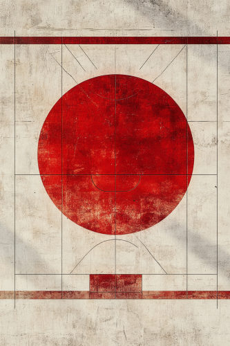 Minimalist full basketball court, Japanese flag design, sleek.