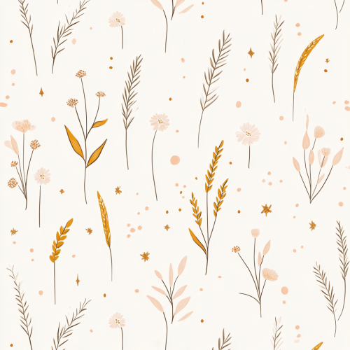 Minimalist hand-drawn pattern with rice grains and wheat stalks.