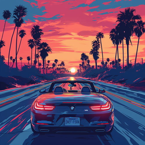 Minimalist illustration of horizon from BMW convertible, sun shines.