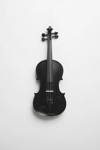 Minimalist photo of violin and bow on white background.