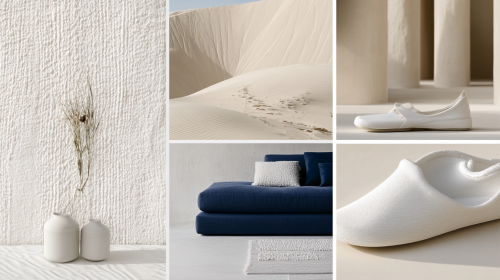 Minimalistic desert fashion moodboard with cream and blue