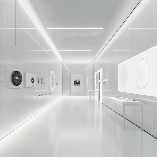 Minimalistic laboratory with white walls, clean surfaces, exploration.