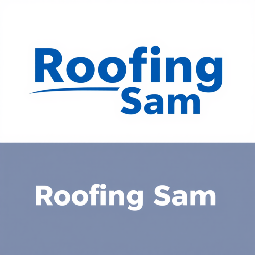 Minimalistic logo for Roofing Sam in blue.