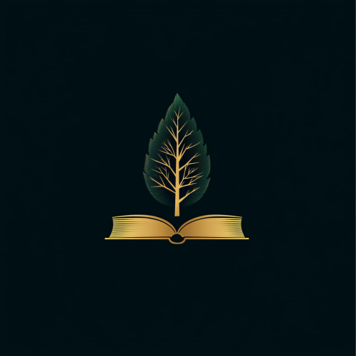 Minimalistic logo: closed book, tree sprouting, gold, green