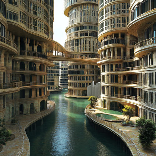 Ministerial complex with tall monument and water bodies