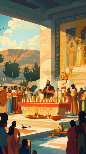 Minoan Civilization Religious Ceremony with Altar and Devotees