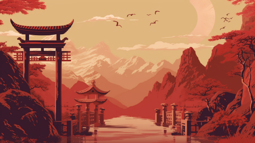 Misty Mountains & Torii Gates with Elegant Peacocks