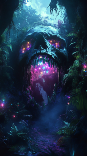 Misty colorful disco lights shine from cave skull entrance