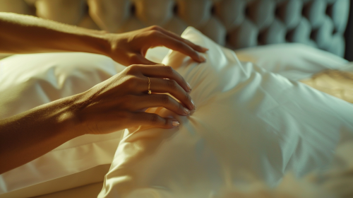 Model's Hands Arrange Premium Pillow