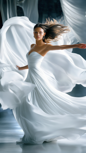 Model in Elegant White Silk Dress on Runway