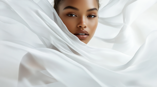 Model in Flowing White Silk Dress