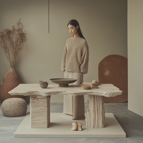 Model in knit stands on wooden table.