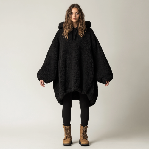 Model wears oversized black hoodie with unique features.