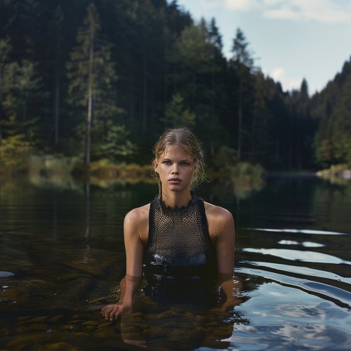Model wears tight top by lake in Europe