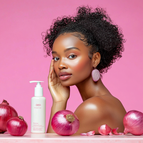 Model with beautiful eyes and hair next to shampoo