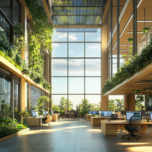 Modern, sustainable office with eco-friendly features, collaborative environment. Modern, sustainable office with eco-friendly features, collaborative environment.