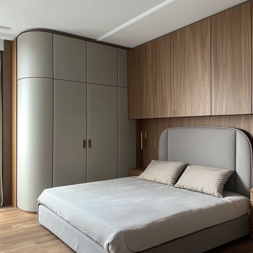 Modern 30m2 Bedroom with High Wardrobe and Upholstered Headboard
